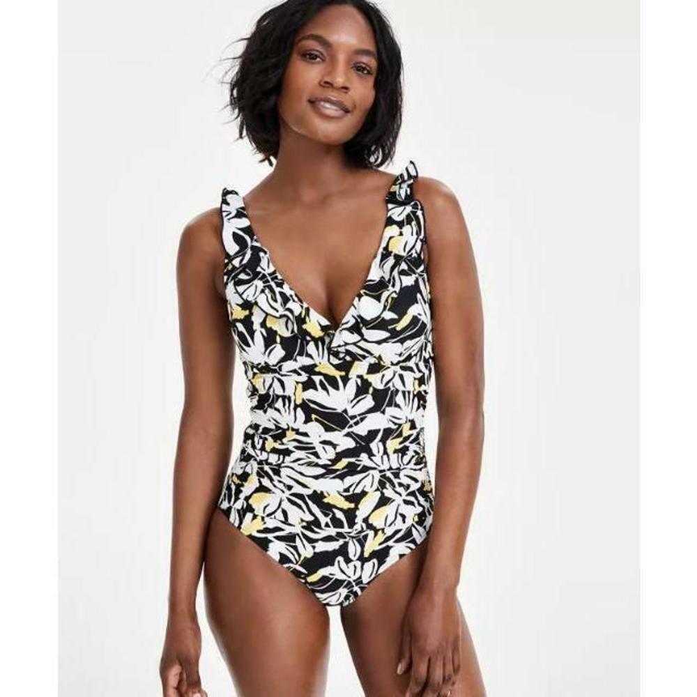 DKNY Women's Ruffle Neck One-Piece Swimsuit Multicolor L